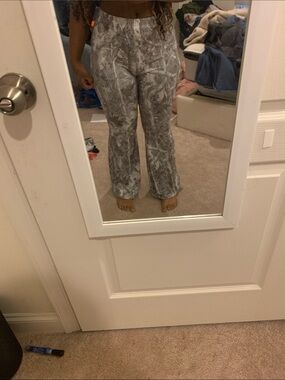 Grey snow, camel print flared leggings